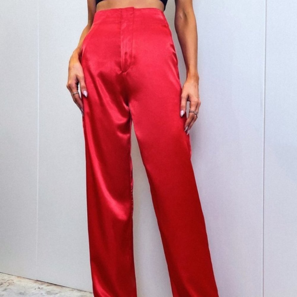 RED High Waist Satin Pants - Picture 5 of 12